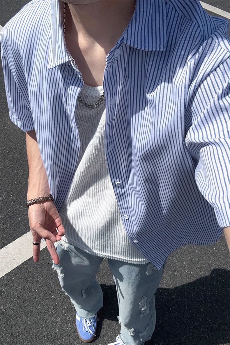 B221美式ins高街宽松薄款条纹短袖衬衫SY2552-特P28控49,男装T恤,电商B221