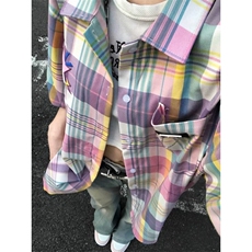 D5231-P38潮彩色格子衬衫男女百搭宽松潮牌夏季半袖-网图现货，男装衬衫，星座603-2