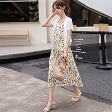 高端棉麻套装裙女夏季2025新款碎花显瘦洋气减龄吊带连衣裙两件套，女装套装/套裙，韩宇舍