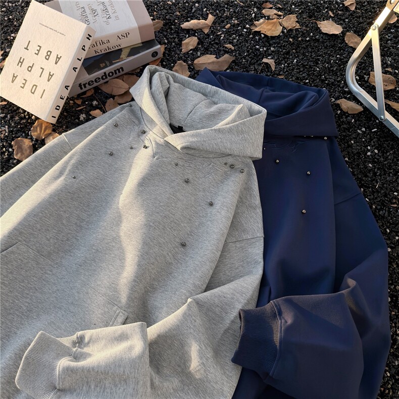 美式重磅Cleanfit复古钉珠刺绣设计连帽卫衣男女宽松休闲上衣帽衫,男装卫衣,星座601-1