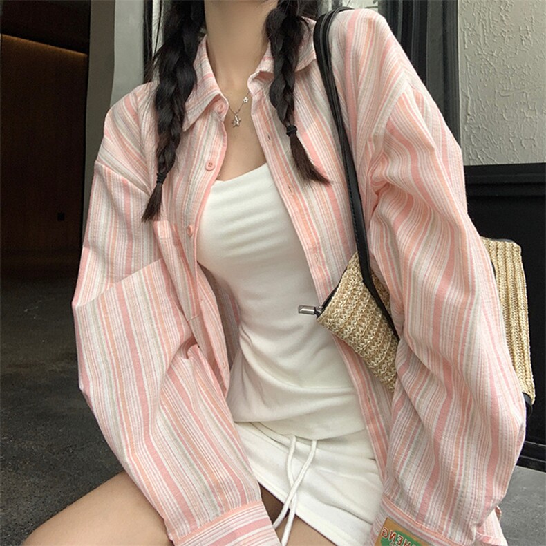 条纹棉麻衬衫女春夏季设计感休闲宽松防晒长袖衬衣薄款上衣外套潮,男装防晒衣,星座1210-1