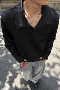 新款麦穗纹复古大码老钱风翻领打底长袖T恤男T24505-特P36控69图片