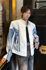 立领垫肩牛仔拼接机车PU皮衣夹克男2025春秋新款小众宽松痞，男装皮衣，星座505-2（原电商A260-1)