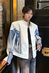 立领垫肩牛仔拼接机车PU皮衣夹克男2025春秋新款小众宽松痞图片