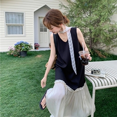 法式网纱拼接黑色无袖背心连衣裙女夏2025新款超好看独特漂亮爆款，女装连衣裙，2C087