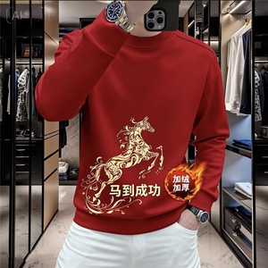 1506-1/WF1751/P37棉致暴富马年卫衣男加绒宽松红色本命年衣服图片
