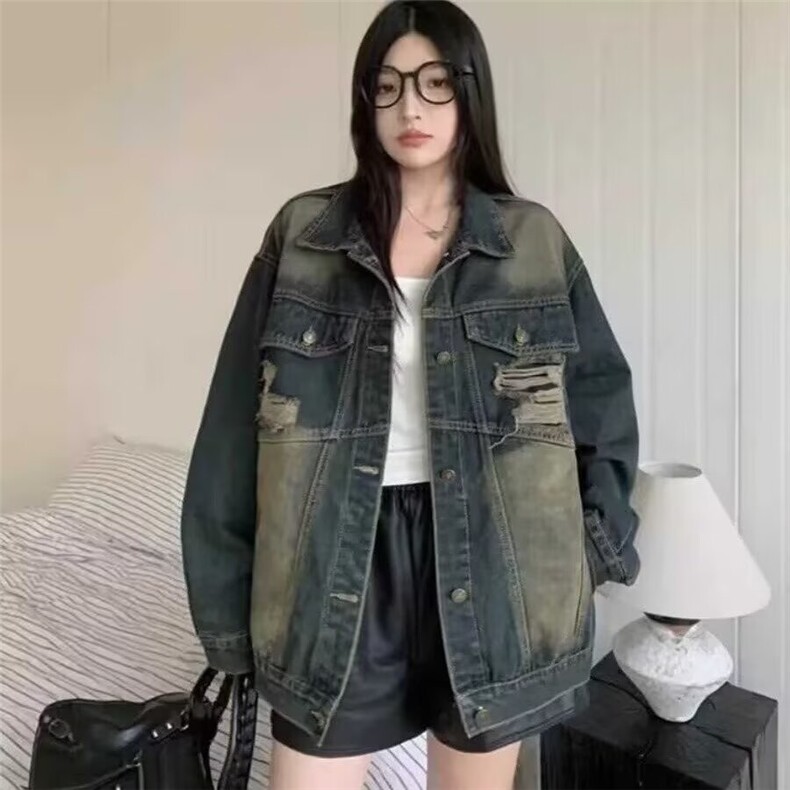 G8839-P65做旧复古毛边圆领牛仔外套女2025春季新款设计感小众,男装工装外套,电商B323A