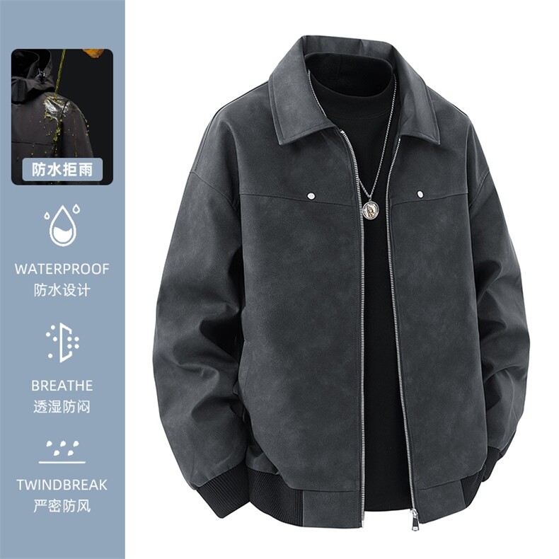 秋季翻领机车皮衣男防水夹克潮流情侣外套宽松学院A266-PY010-P65，男装皮衣，电商A266