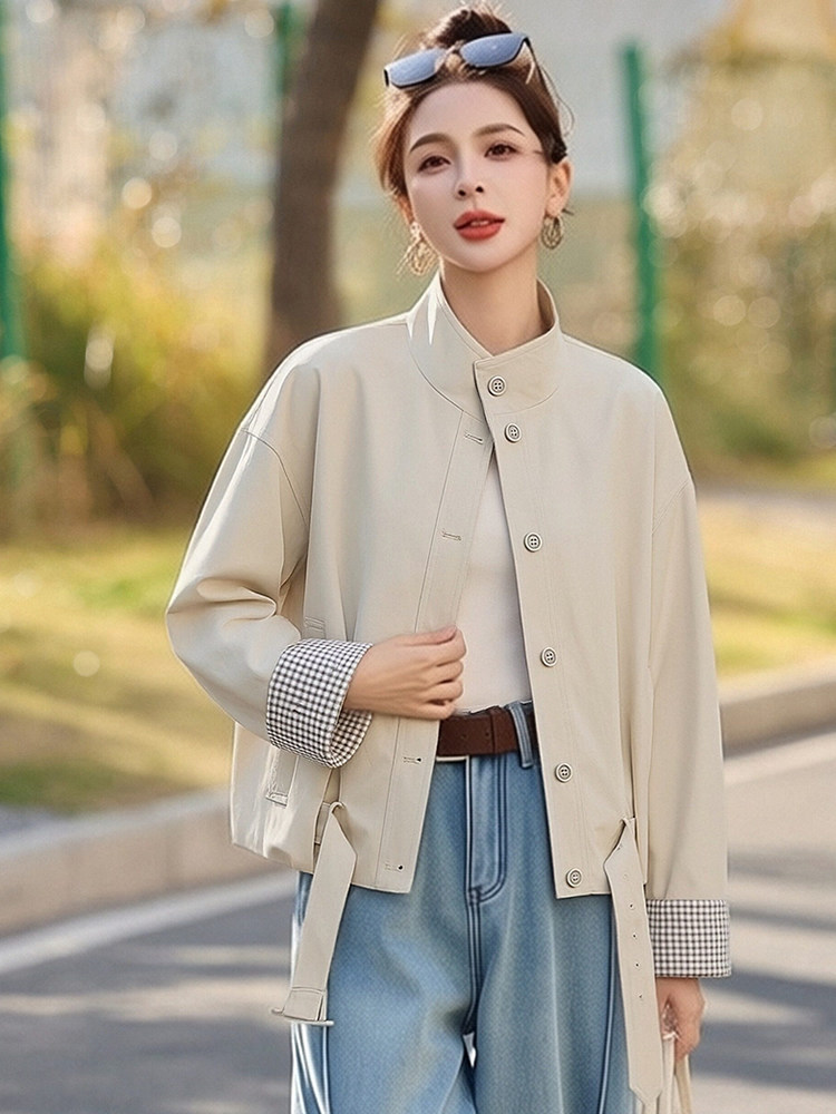 现货宽松拼色格子立领短外套女,女装短外套,韩蔻秀