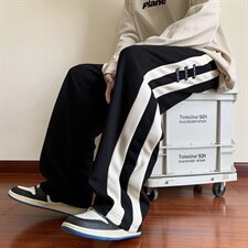 欧美高街潮牌条纹华夫格运动长裤复古宽松直筒男女休闲裤KM28-P38，男装休闲裤，星座1008