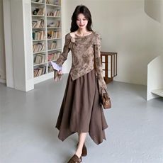 新品露肩修身上衣+不规则半身裙套装2C158-6045-P165-K268，女装套装/套裙，2C158