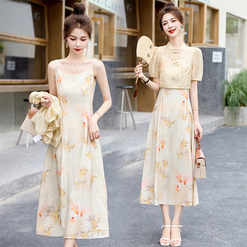 新中式天丝棉印花套装裙女2024夏新款复古国潮风罩衫吊带裙两件套，女装套装/套裙，布芭啦