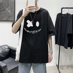 T1795P25港风室内宽松T恤棉2021男线条笑脸英文印花短袖T恤