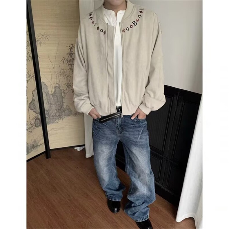 浅灰色美式拼接刺绣夹克衫男款秋冬季男生宽松外套潮JK60,男装夹克,星座208-5