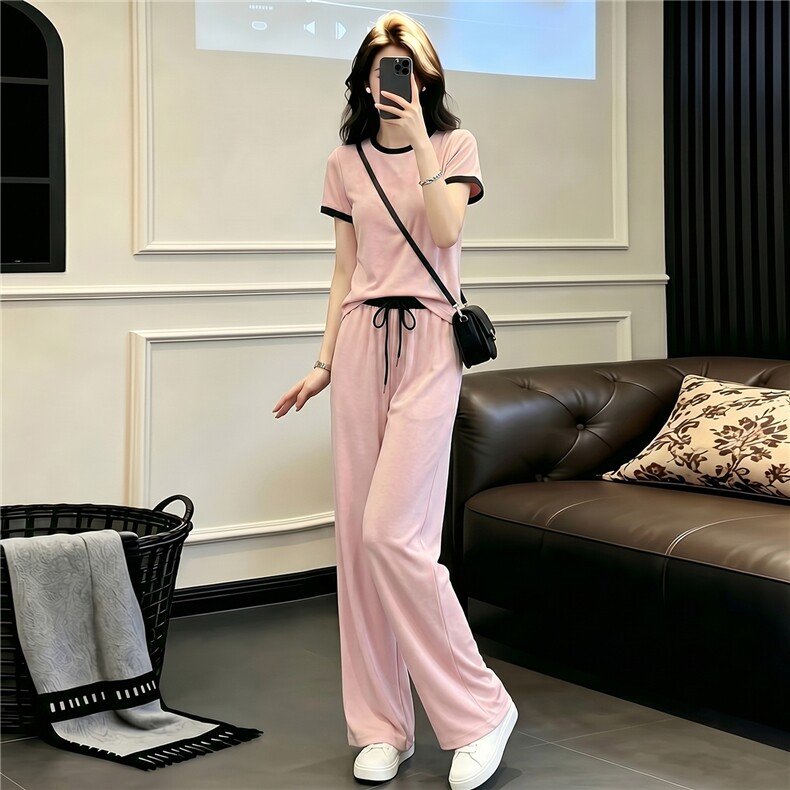 盐系穿搭休闲时尚运动套装女夏款圆领拼接短袖上衣阔腿长裤两件套,女装套装/套裙,江南