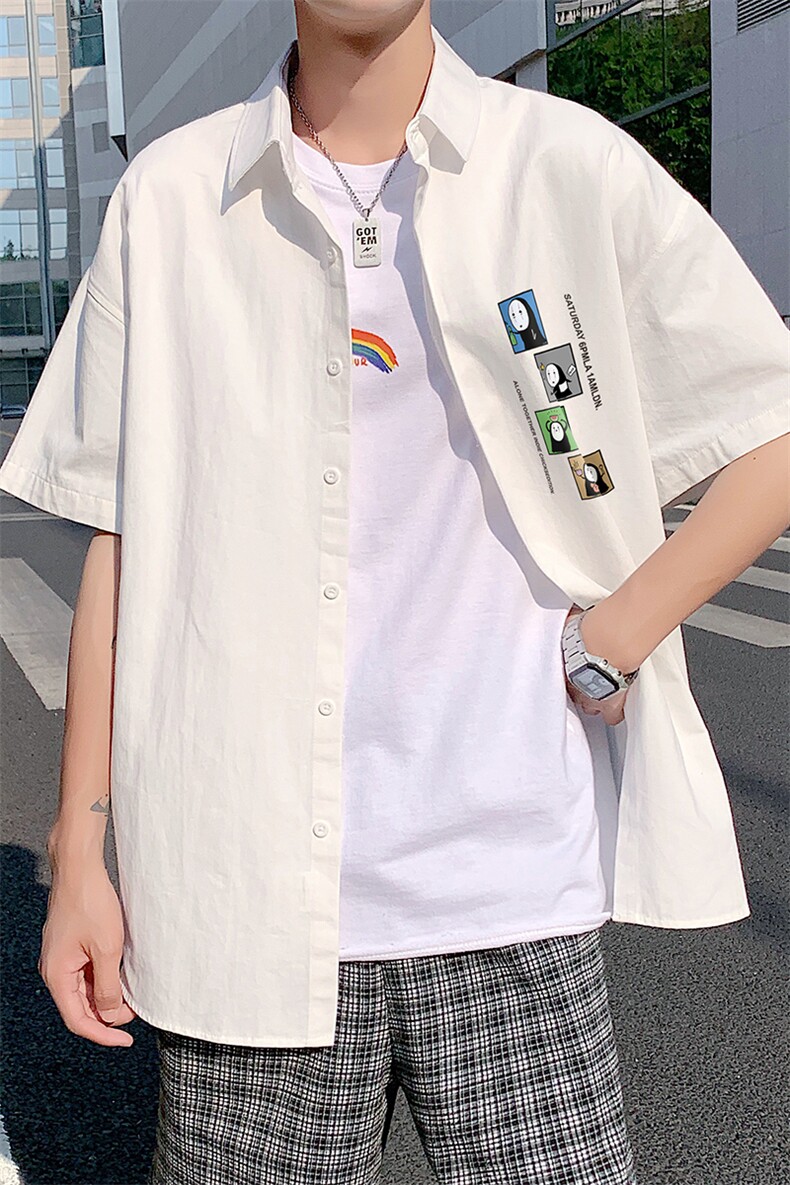 港风夏季韩版宽松翻领短袖千与千寻印花衬衫男多色S632P35控48,男装T恤,电商A268A