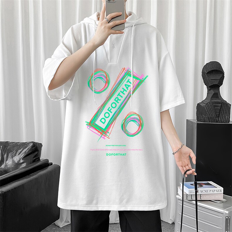 LD54171-P45连帽短袖t恤男大码胖子带帽五分袖中袖,男装T恤,电商A040