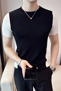2024秋季新款修身圆领纯色拼接针织衫毛衣打底衫男净版M26-p45图片