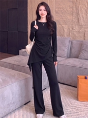 女春秋高级感穿搭一整套时尚气质套装不规则长袖上衣微喇裤两件套，女装套装/套裙，江南