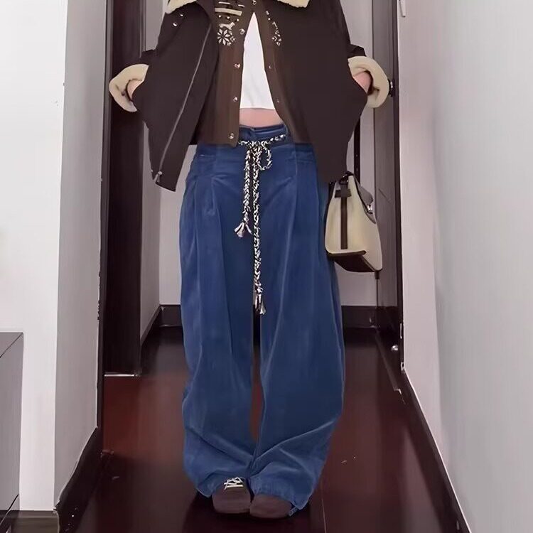 美式腰围可调节工装裤男女冬季垂感加厚直筒休闲裤宽松阔腿拖地裤,男装工装外套,星座813-2