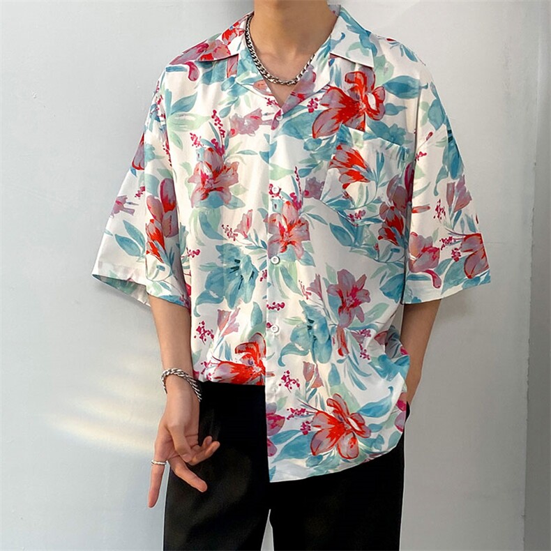 2025夏季潮流ins宽松沙滩风花衬衣高街印花短袖衬衫男CS1320-P35,男装T恤,电商A062