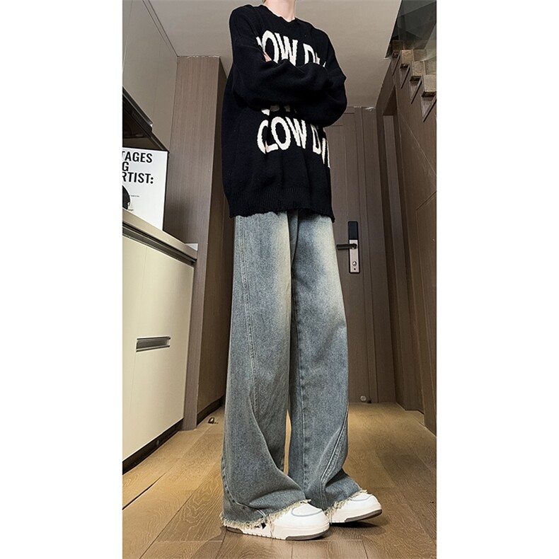 现货直筒渐变休闲裤女宽松复古蓝毛边牛仔裤男K5825-P55控78,男装休闲裤,星座205