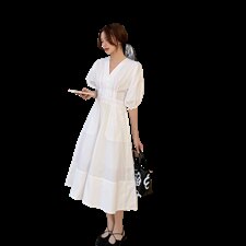 2021夏季新款女装中长款连衣裙简约时尚A字裙V领短袖，女装连衣裙，阿菲诺依