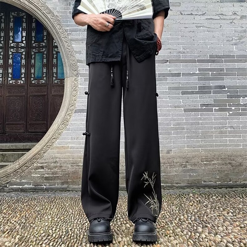 新中式风刺绣裤子男夏季薄款西裤垂坠感冰丝休闲长裤KD46,男装西裤,星座1116A-1（原606A）