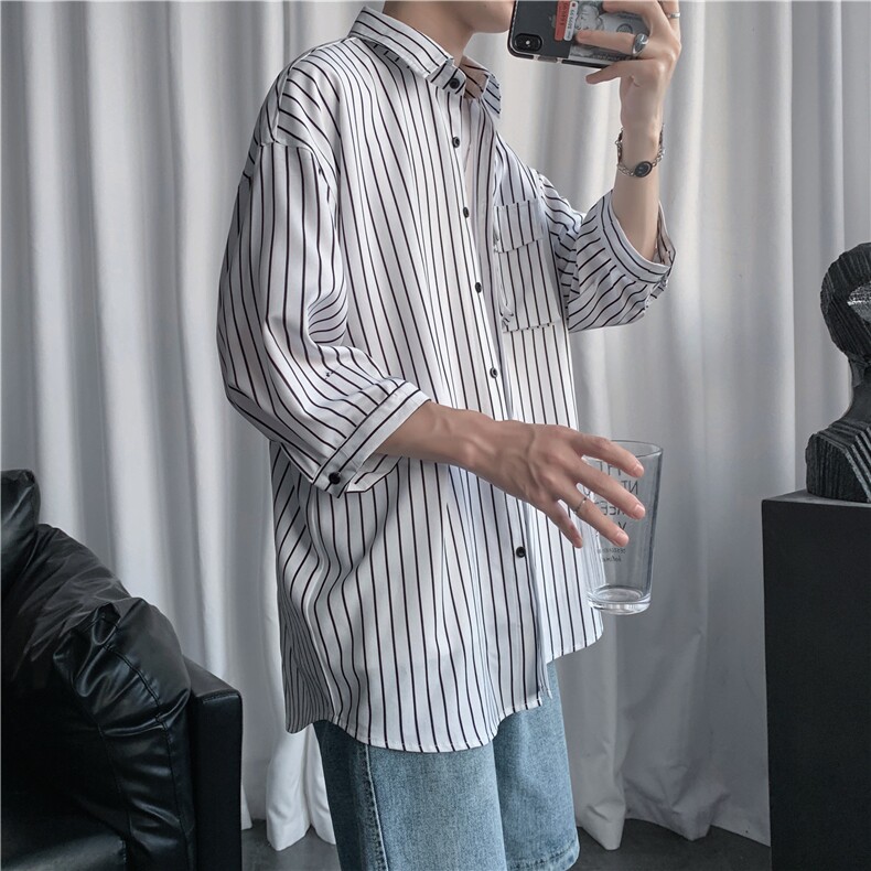 C2037/P35现货夏季条纹工装短袖衬衣男士宽松衬衫五分袖潮大码男,男装衬衫,电商A141