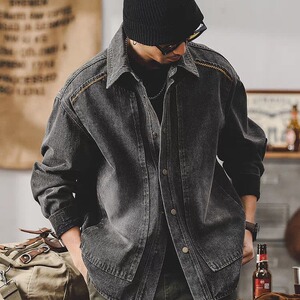 春秋季重工复古衬衫柳钉情侣款翻领牛仔夹克外套春秋款商务防风图片