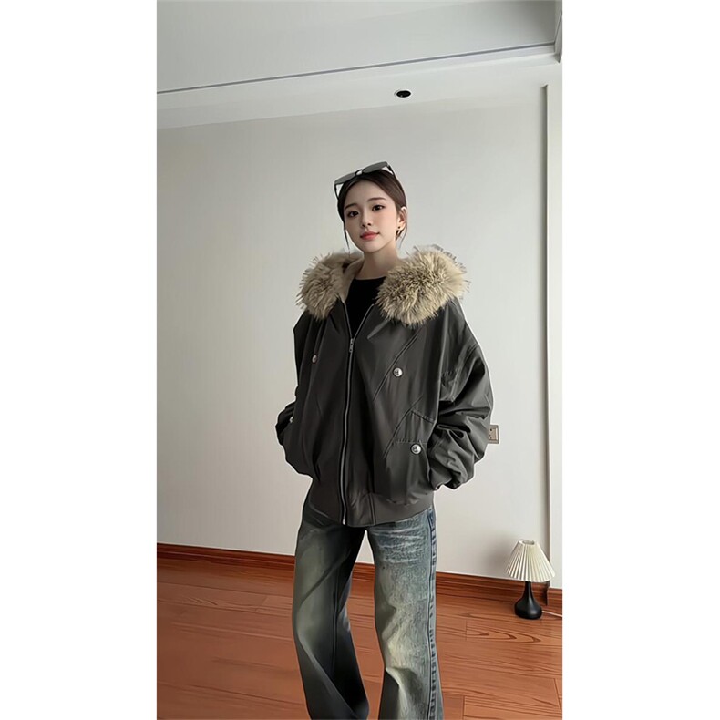 现货重磅boxy短款棉衣座山雕大毛毛领男女棉服水洗工装厚外套,男装棉衣,电商A486-1