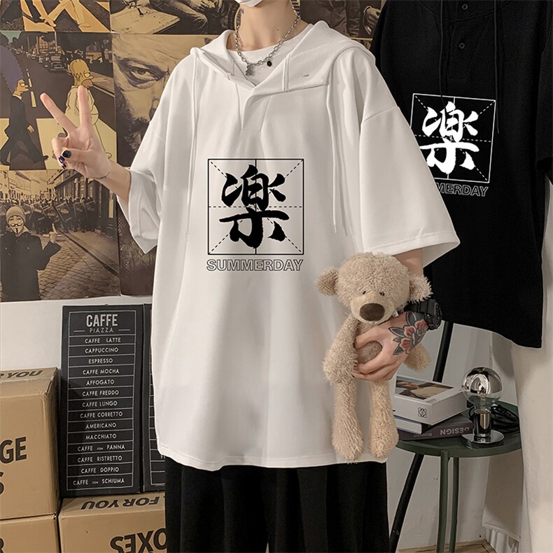 LD54197-P45连帽短袖t恤男大码胖子带帽五分袖中袖海报风,男装T恤,电商A040