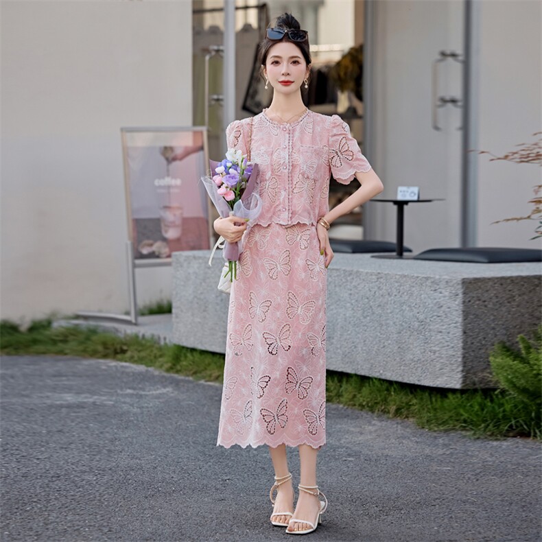 春夏短袖蕾丝小香风套装裙女高级感名媛刺绣上衣高腰A字裙两件套,女装套装/套裙,雅静靓衣