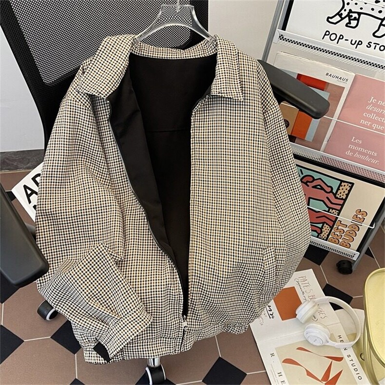 W9173-P75自家图现货春季新款美式千鸟格双面穿宽松立领外套夹克,男装夹克,星座1608-2