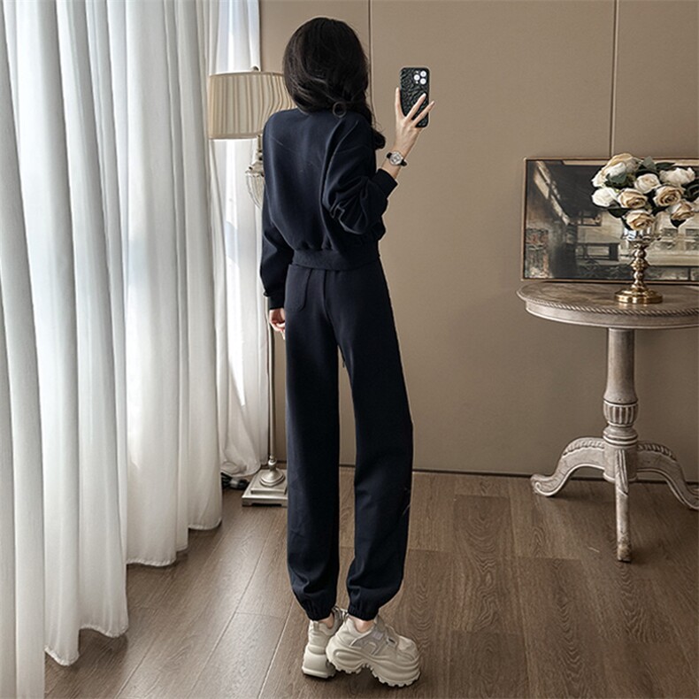 女春秋新款慵懒风深蓝色卫衣卫裤套装,女装套装/套裙,江南