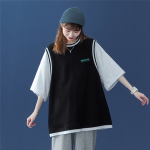 中性风 夏季潮流印花假两件短袖T恤港风学生班服 T601P40控58图片