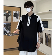 网图半拉链撞色拼接夏季潮男休闲短袖男女同款宽松T恤T2225-P38，男装T恤，星座1213