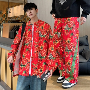 TZ81大花假两件衬衫条纹长裤套装男女团队表演出新中式汉服套装潮图片