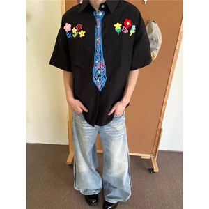 蜡笔手绘领带白色衬衫男款长袖学院风小众设计感美式涂鸦衬衣外套图片