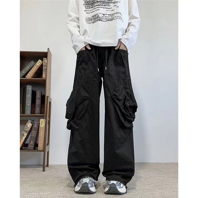 复古阔腿大口袋工装裤男士嘻哈春秋季新款抽绳束脚宽松休闲哈伦裤,男装休闲裤,星座1013