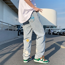 星星潮牌牛仔裤男女宽松bf风直筒裤ins休闲工装长裤N0251-P48，男装牛仔裤，星座308B-1