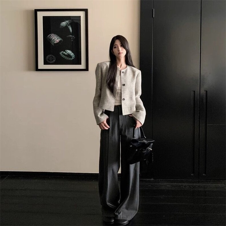 复古圆领单排扣上衣女条纹宽松毛呢小香风外套,女装短外套,星座506A