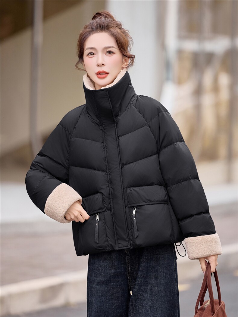 羊羔毛拼接短款白鸭绒羽绒服女2025冬新款加厚保暖,女装羽绒服,余墨