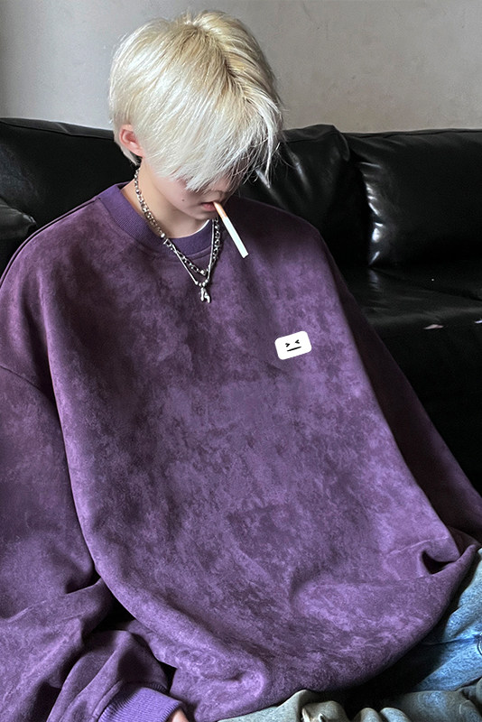 秋季新款麂皮绒笑脸小标简约百搭宽松圆领卫衣JK23341特批36控59,男装卫衣,星座605(原A050)