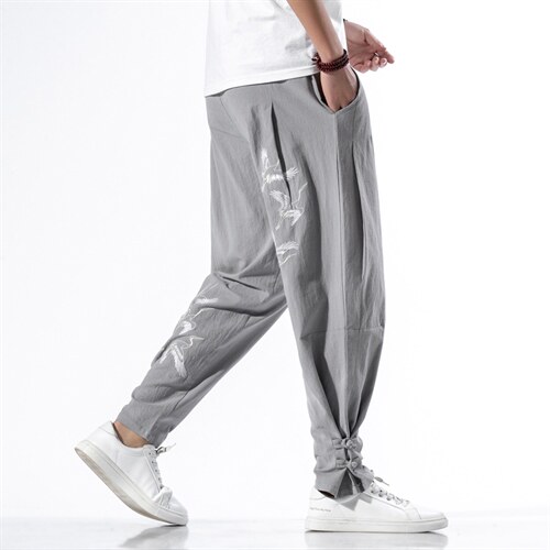 休闲裤男宽松风男款刺绣裤子大码灯笼裤哈伦裤小脚裤905P50，男装休闲裤，钱塘788(原4013)