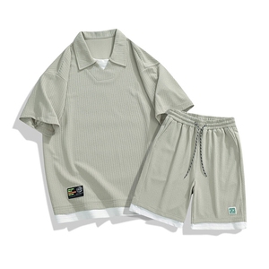 套装夏季潮牌痞帅宽松拼接短袖衬衫短裤休闲两件套 A436-T09-P65图片