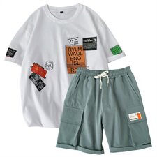 夏季短袖t恤男士2021潮牌潮流套装男装短裤帅气两件套男DS855T，男装T恤，电商A102