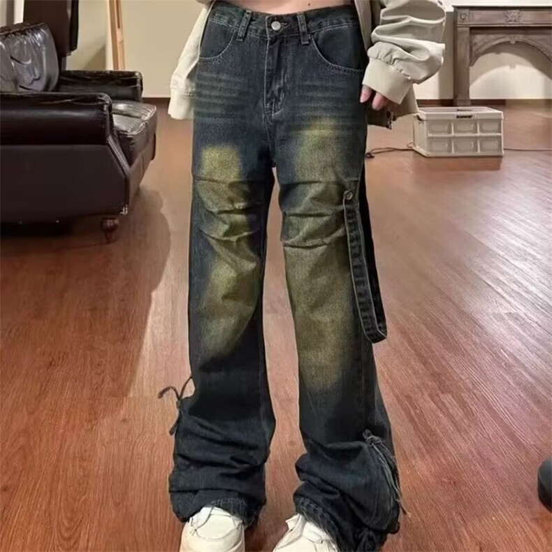美式潮牌复古水洗做旧直筒牛仔裤情侣冬季显瘦阔腿百搭裤图片