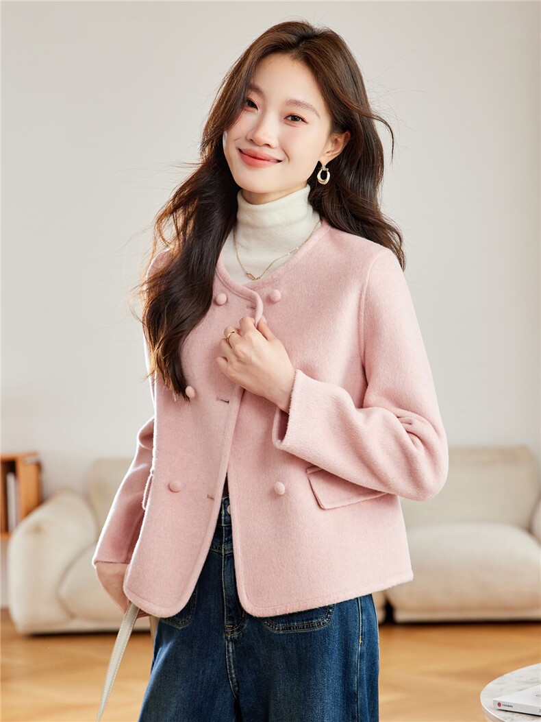 红色双面呢外套女2025秋冬新款气质双排扣小个子显瘦时尚妮子大衣,女装双面呢大衣,拾衣