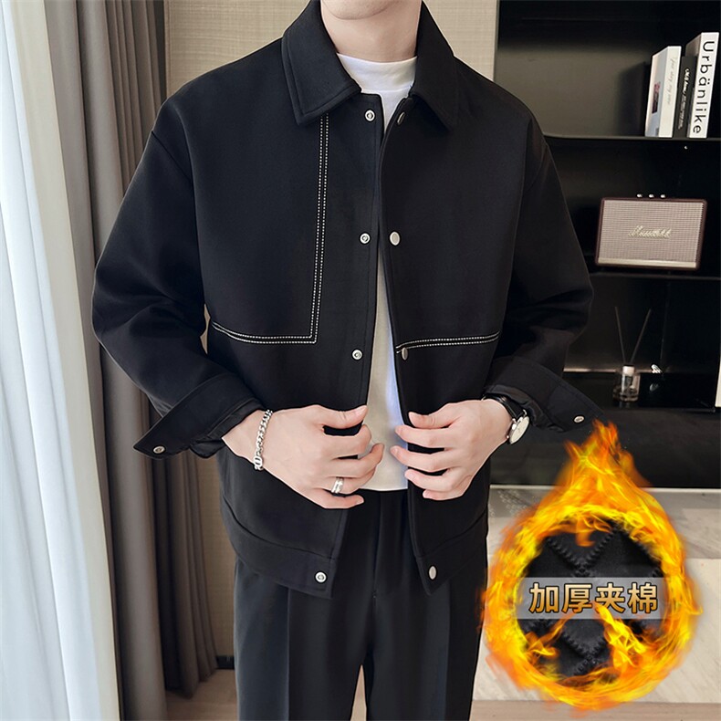 轻熟小伙高端呢子拼皮宽松外套 大衣夹克男A236-JK5037加棉-P140图片